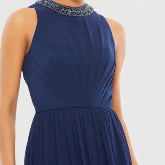 FLAW - MAC DUGGAL Dress 6 Evening Gown Navy Blue Bejeweled Pleated Chiffon #7969 - Picture 3 of 11